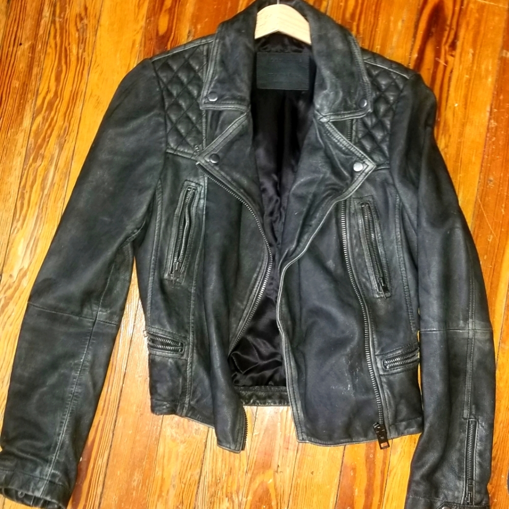 All saints Cargo Distressed Leather Jacket, Black/Grey, Size 8